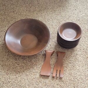 Vermillion Real Walnut Brown Wooden Salad Bowl Set